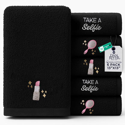 DAN River Black Makeup Towels - Pack of 6 (13x13 in) - Ultra Soft Cotton Face Towels with Embroidery - Reusable, Quick-Dry & Machine Washable Makeup Remover Cloths for Bathroom, Spa & Salon