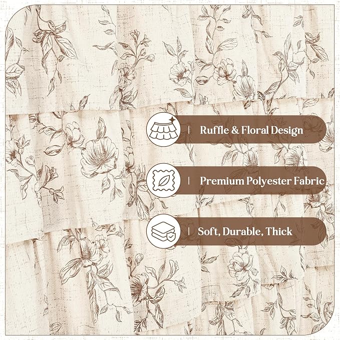 Farmhouse Floral Shower Curtain, Ruffle Bathroom Curtains, 72"Wx72"L | Brown Floral Print, Ruflle Design, 12 Metal Hooks, Vintage Rustic Washable Waterproof Shower Curtain for Bathroom Bathtub