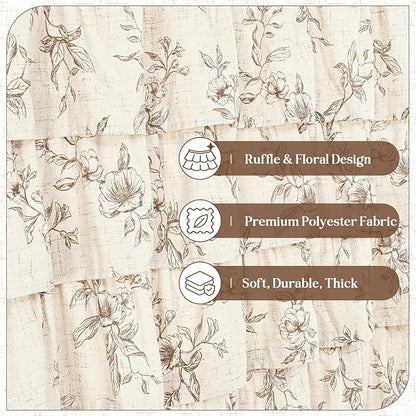 Farmhouse Floral Shower Curtain, Ruffle Bathroom Curtains, 72"Wx72"L | Brown Floral Print, Ruflle Design, 12 Metal Hooks, Vintage Rustic Washable Waterproof Shower Curtain for Bathroom Bathtub
