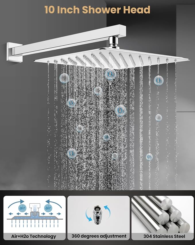 Airuida 10 Inch Chrome Polish Shower Faucet Set,Shower Valve Kit | Rainfall Shower Head and Handle Set,Female Thread Rough-in Valve Shower Kit,Single Function Shower System