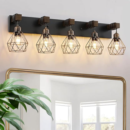 maesta Bathroom Vanity Light, 5 Light Farmhouse Fixture Over Mirror | Farmhouse Bathroom Light Fixtures, Wood & Metal, Black Gold, Anti-Rust Easy to Install for Rustic Bathroom Hallway