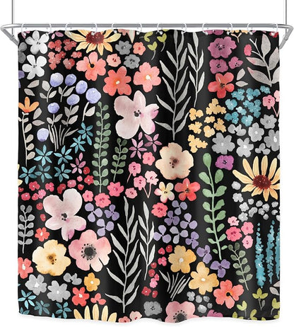 Extra Long Black Floral Watercolor Cute Plants Bathroom Shower Curtain Set | 72"W x 84"H Girly Boho; waterproof HD print, quick-dry fabric with 12 hooks for easy hanging.