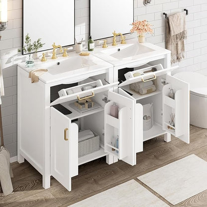 Harper & Bright Designs 48" Bathroom Vanity Set with Double Sink, Free Standing Single Basin Vanity Set with 2 Soft-Close Doors and Drawer, Wood Storage Cabinet with Ceramic Basin for Bathroom, White