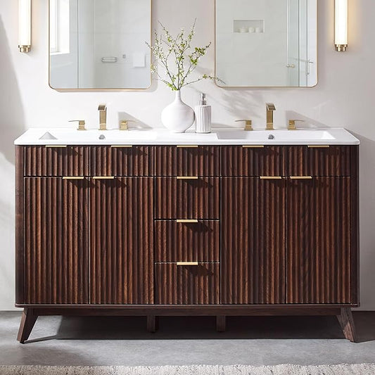 T4TREAM 60" Fluted Bathroom Vanity with Resin Sink Combo，Freestanding Modern Bathroom Storage Vanity Cabinet with Soft Closing Doors & 3 Drawers，Wood Grain Texture，Metal Handle，Dark Walnut