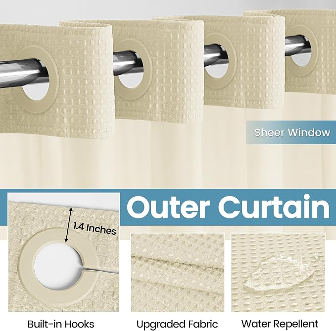 EUTXL Heavyweight No Hook Shower Curtain with Liner, Ivory, 54x80 | Snap in Liner, Thick Waffle Fabric, Hotel Quality, Corner Magnets, Waterproof & Washable