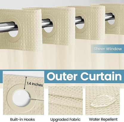 EUTXL Heavyweight No Hook Shower Curtain with Liner, Ivory, 54x80 | Snap in Liner, Thick Waffle Fabric, Hotel Quality, Corner Magnets, Waterproof & Washable