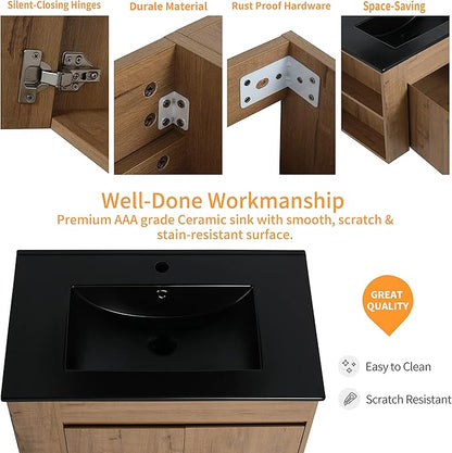 30 Inch Bathroom Vanity with White Sink Combo, Wall-Mounted Bathroom Vanity 2 Door&Adjustable Shelf,Modern Floating Bathroom Cabinet with Black Top Basin & Storage Cabinet,Brown