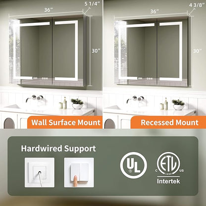 LED Medicine Cabinet Mirror with Lights, 36 x 30 Inch Bathroom Storage, Recessed/Wall Mount, Plug-in/Hardwired, 3 Color Dimmable Light, Anti-Fog, Time Temp Display