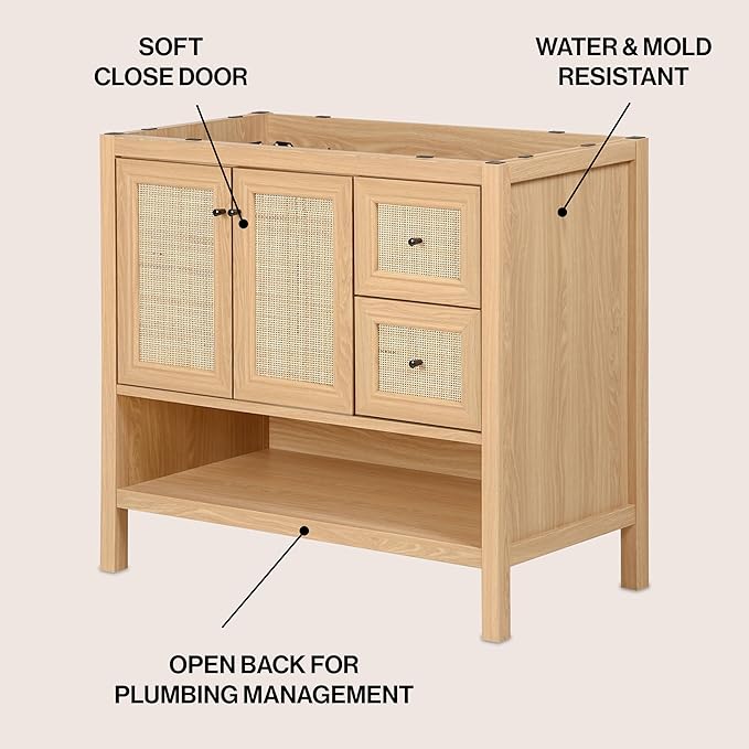 JONATHAN Y VAN1025A Jasper 36 in. W x 18 in. D x 33 in. H Rattan Modern Coastal 2-Shelf Bathroom Vanity Cabinet Only with Soft Closing Doors (Sink Basin Not Included), Oak