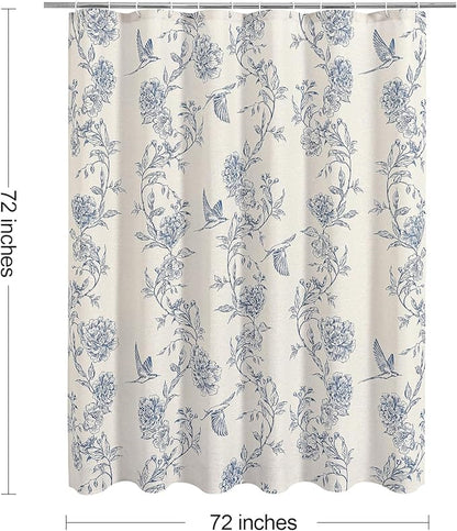 MitoVilla Blue Farmhouse Shower Curtain Set, Cotton Floral Hummingbird Cottagecore Spring Shower Curtains for Bathroom, Modern Country Bathroom Décor, 72" W x 72" L