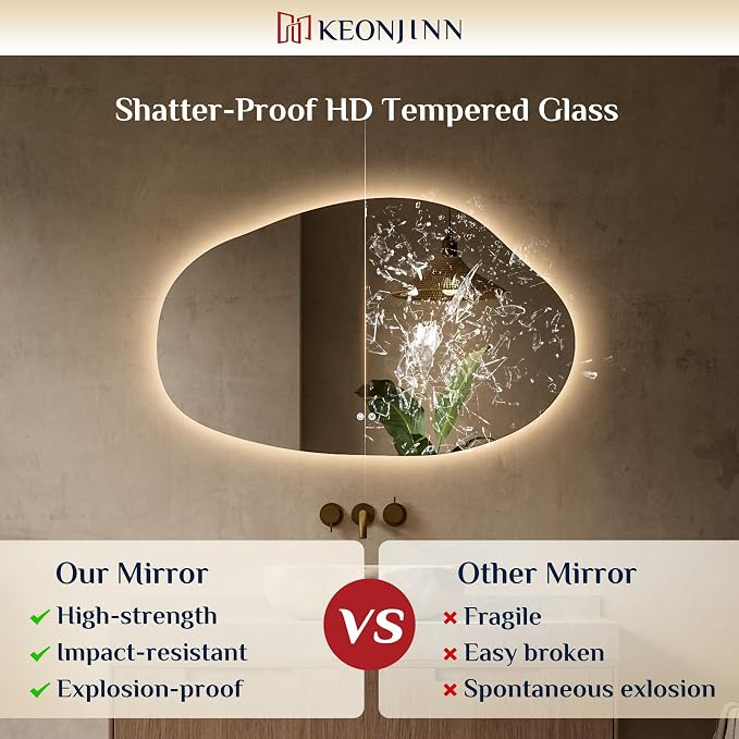 Keonjinn Irregular Bathroom Mirror with Lights 48" x 30", Tempered Glass | Asymmetrical Backlit Bathroom Mirror, Stepless Dimmable with 3 Colors, Fast Defogging, Memory Function, Plug-in/Hardwired