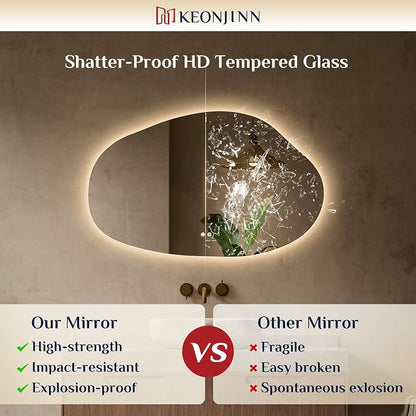 Keonjinn Irregular Bathroom Mirror with Lights 48" x 30", Tempered Glass | Asymmetrical Backlit Bathroom Mirror, Stepless Dimmable with 3 Colors, Fast Defogging, Memory Function, Plug-in/Hardwired