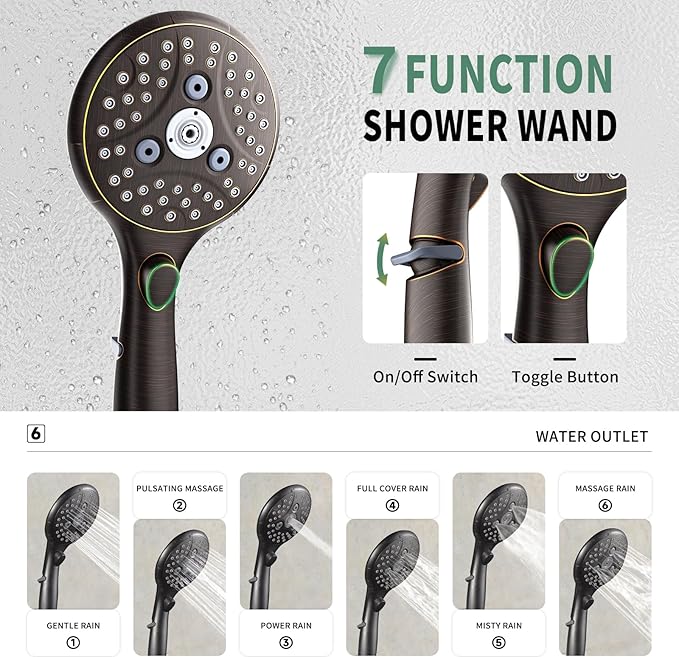 SunCleanse Oil Rubbed Bronze Shower System, Shower Faucet Sets Complete with Rain Shower Head and 7-Settings Handheld Shower Spray, Included Rough in Valve and Trim Kit