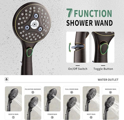 SunCleanse Oil Rubbed Bronze Shower System, Shower Faucet Sets Complete with Rain Shower Head and 7-Settings Handheld Shower Spray, Included Rough in Valve and Trim Kit