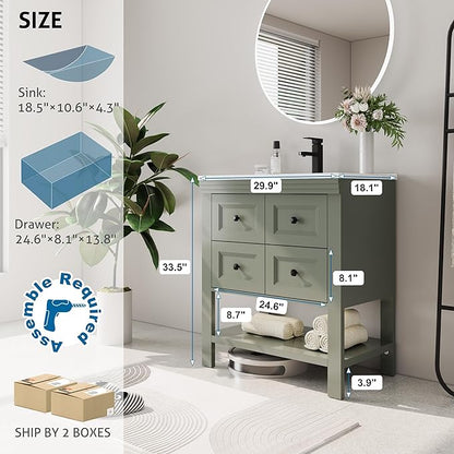 eclife 30" Bathroom Vanity with Sink Combo, Modern Painted Vanities Cabinet with Big Drawers, Opening Bottom Shelf, Raised Foot Pads, Include Undermount White Sink, Faucet & Drain, Green