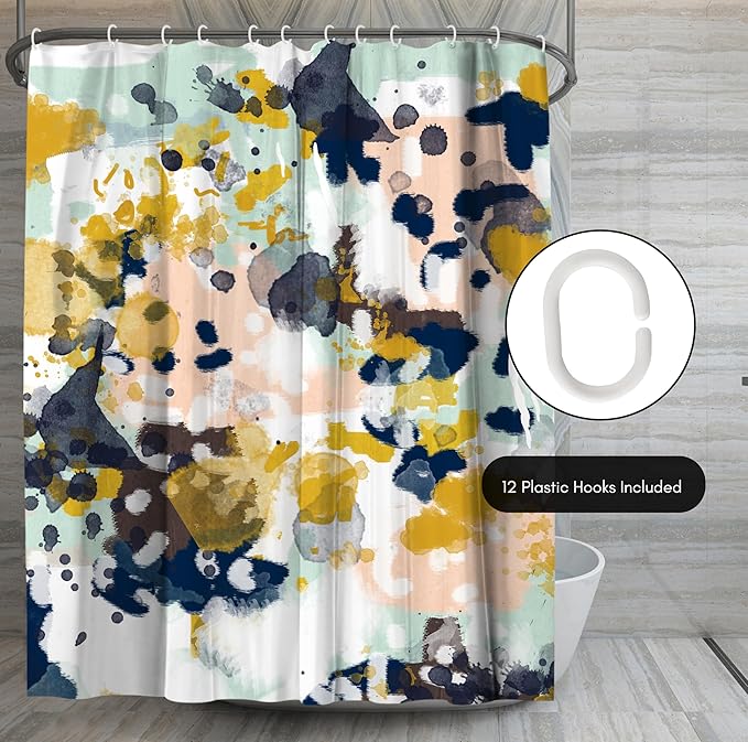 Americanflat 71x74 Abstract Shower Curtain - Water-Resistant Long Shower Curtain with Metal Grommets and 12 Hooks - 100% Polyester - Navy Blue, Yellow, Blush Pink, Mint Green, Charcoal and White