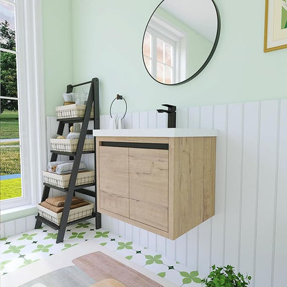 24 Inch Bathroom Vanity with Sink, 24" Floating Vanity, Premium Plywood Wooden Bathroom Cabinet with 2 Doors, Modern Wall Mounted Cabinet Set with White Ceramic Sink, Silent Operation (Oak)