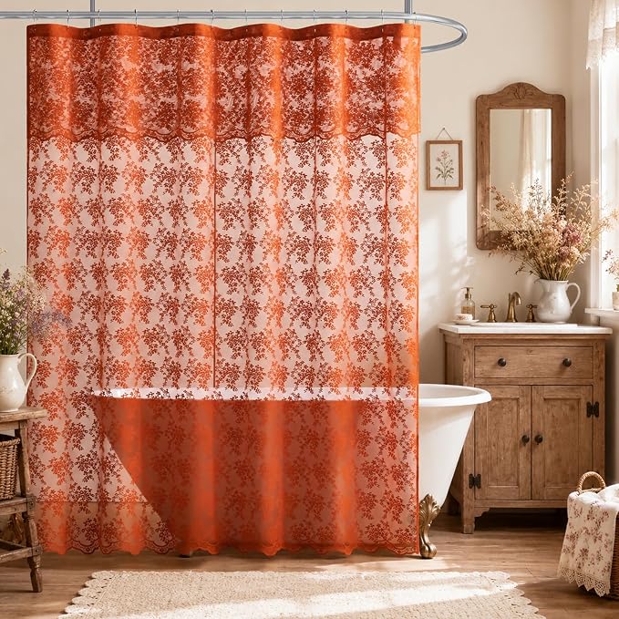 TUDECO Burnt Orange Shower Curtain with Attached Valance, 72 x72 Inch | Fall Bathroom Decor, Terracotta Lace Floral, Boho Farmhouse Charm, Vibrant Cheerful Vibe, Brightens Space, Scalloped Edges