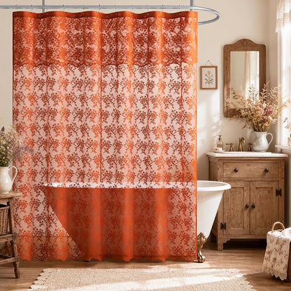 TUDECO Burnt Orange Shower Curtain with Attached Valance, 72 x72 Inch | Fall Bathroom Decor, Terracotta Lace Floral, Boho Farmhouse Charm, Vibrant Cheerful Vibe, Brightens Space, Scalloped Edges