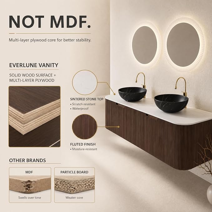 60 Inch Double Sink Bathroom Vanity, Floating Wall Mounted Cabinet, Dark Walnut Curved Fluted Front, Stone Top, Dual Black Marble Vessel Basins, Pre-Assembled