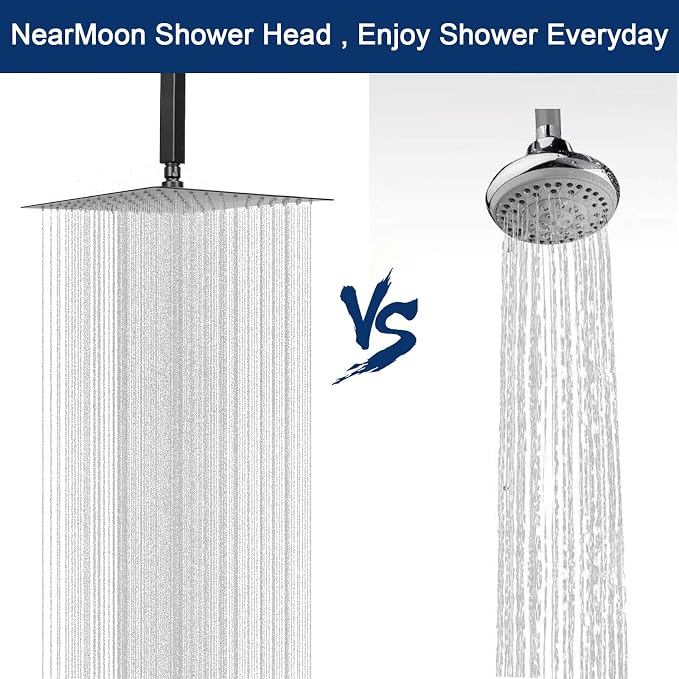 NearMoon Rain Shower Head With Shower Arm, Ceiling Mount Square Shower, Stainless Steel Ceiling Rainfall Showerhead- Waterfall Full Body Coverage (12 Inch, Matte Black)