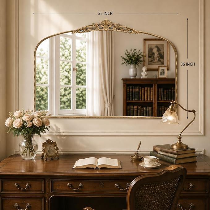 Micasso Oversized Gold Arched Mirror: 55"x36" Baroque Vintage Wall Mirror | French Antique Traditional Ornate Decorative for Entryway/Bedroom/Bathroom/Hallway/Fireplace - Home Decor for Living Room
