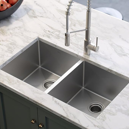 KRAUS Standart PRO™ 33-inch 16 Gauge Undermount 50/50 Double Bowl Stainless Steel Kitchen Sink with WasteGuard™ Continuous Feed Garbage Disposal, KHU102-33-100-75MB
