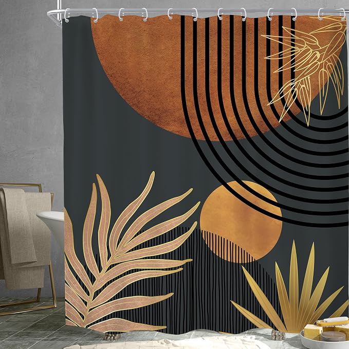 Mid Century Brown Black Boho Abstract Modern Bathroom Shower Curtain Set | 72Wx78H Plant Botanical design, waterproof HD print with fast-drying fabric and 12 hooks.