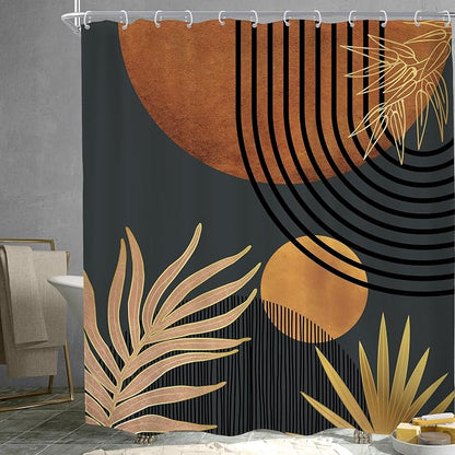 Mid Century Brown Black Boho Abstract Modern Bathroom Shower Curtain Set | 72Wx78H Plant Botanical design, waterproof HD print with fast-drying fabric and 12 hooks.