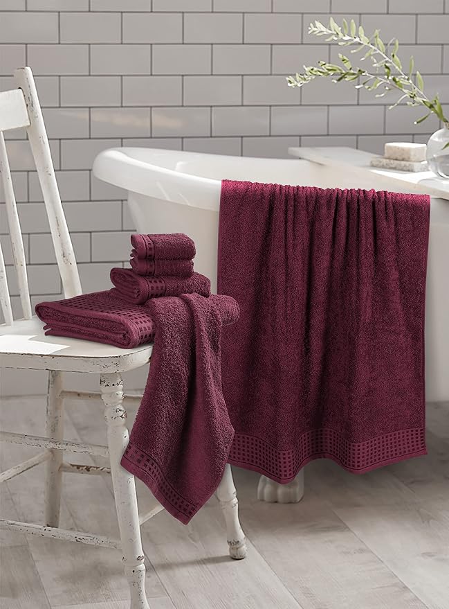 GLAMBURG 100% Cotton Ultra Soft 6 Pack Towel Set, Contains 2 Bath Towels 28x55 Inches, 2 Hand Towels 16x24 Inches & 2 Wash Coths 12x12 Inches, Compact Absorbent Lightweight & Quickdry - Burgundy