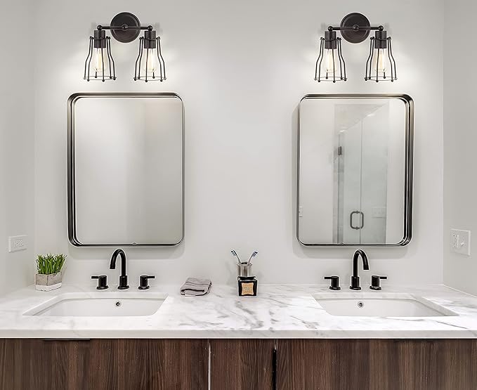 JONATHAN Y 12.5" Oil Rubbed Bronze Modern Industrial Metal Vanity Light, Bathroom Sconce for Mirror, Reversible 2-Light Wall Lamp with Metal Cage Shade for Hallway, LED Bulb Included (JYL7420A)
