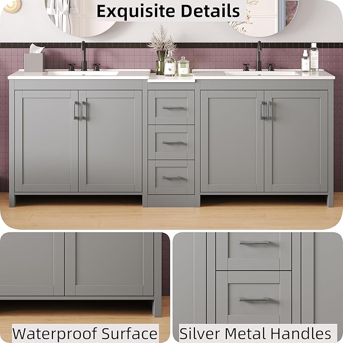 Merax 84 Inch Double Sink Bathroom Vanity with Quartz Countertop & Ceramic Basins, Bathroom Sink Vanity with Large Storage, Adjustable Shelves, 3 Drawers, Soft Close Hinges, Silver Handles, Grey