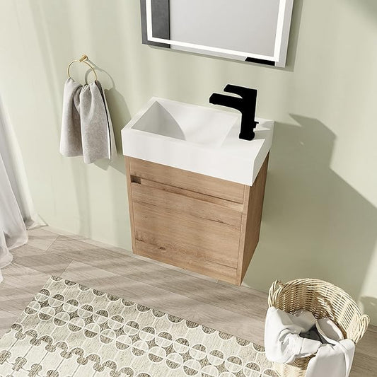 18" Bathroom Vanity with Sink, 18 Inch Floating Bathroom Vanity for Small Space, Modern Bathroom Vanity, Brown Wall Mounted Cabinet Set（005）