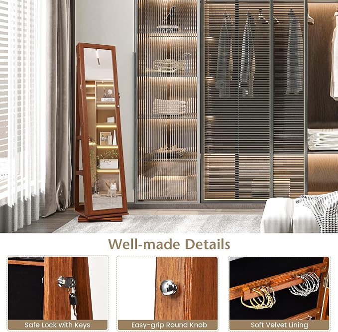 COSTWAY 360 Rotating Jewelry Armoire Cabinet, Standing Jewelry Organizer w/Full-Length Mirror & Large Storage Space, Lockable Mirror Jewelry Cabinet for Girls Women (Walnut)
