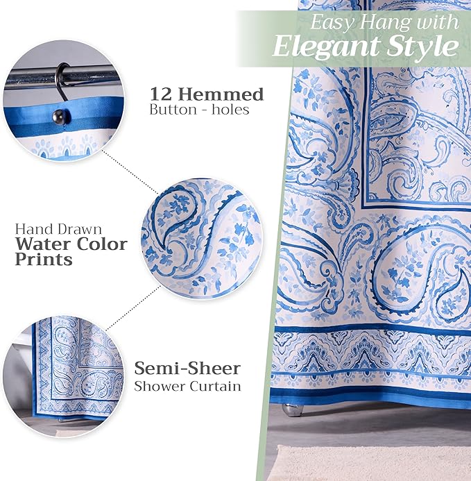 Maison d' Hermine Shower Curtain 100% Cotton One Panel 70"x72" Washable Fabric Shower Curtains for Bathroom, Easy Hanging with 12 Button Holes -Hotel Spa Easter Gifts (Palatial Paisley - Blue)