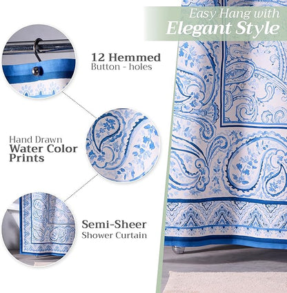 Maison d' Hermine Shower Curtain 100% Cotton One Panel 70"x72" Washable Fabric Shower Curtains for Bathroom, Easy Hanging with 12 Button Holes -Hotel Spa Easter Gifts (Palatial Paisley - Blue)