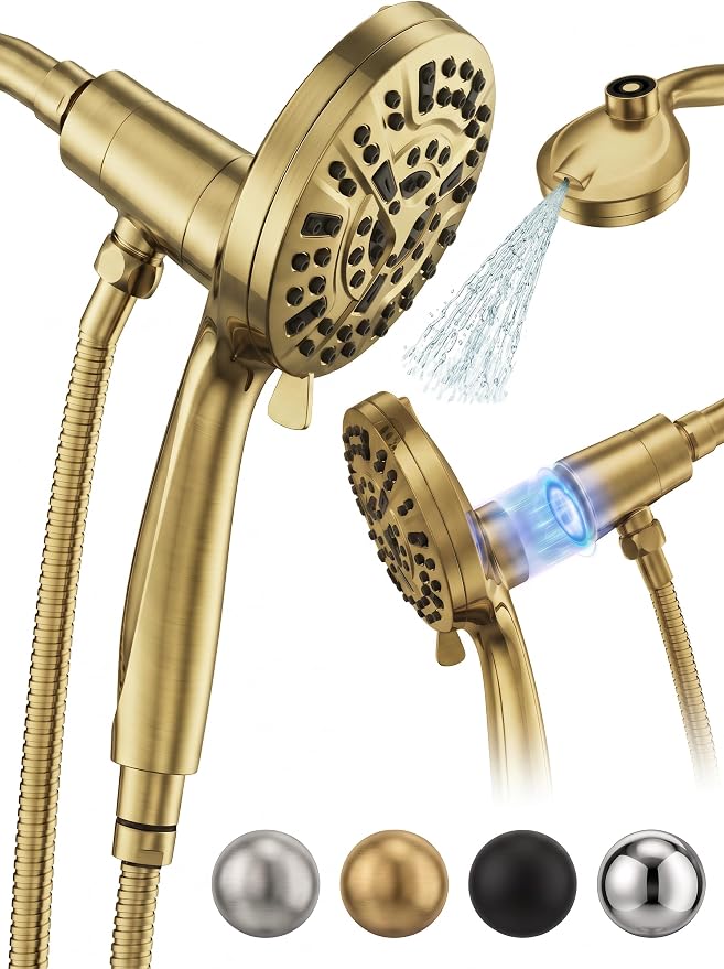 High Pressure Handheld Shower Head Brushed Gold- Anti-clog Nozzles, Built-in Power Wash to Clean Tub, Wall & Overhead Brackets,Magnetitc Rainfall Showerhead with handheld