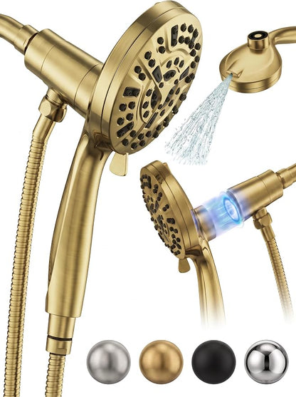 High Pressure Handheld Shower Head Brushed Gold- Anti-clog Nozzles, Built-in Power Wash to Clean Tub, Wall & Overhead Brackets,Magnetitc Rainfall Showerhead with handheld