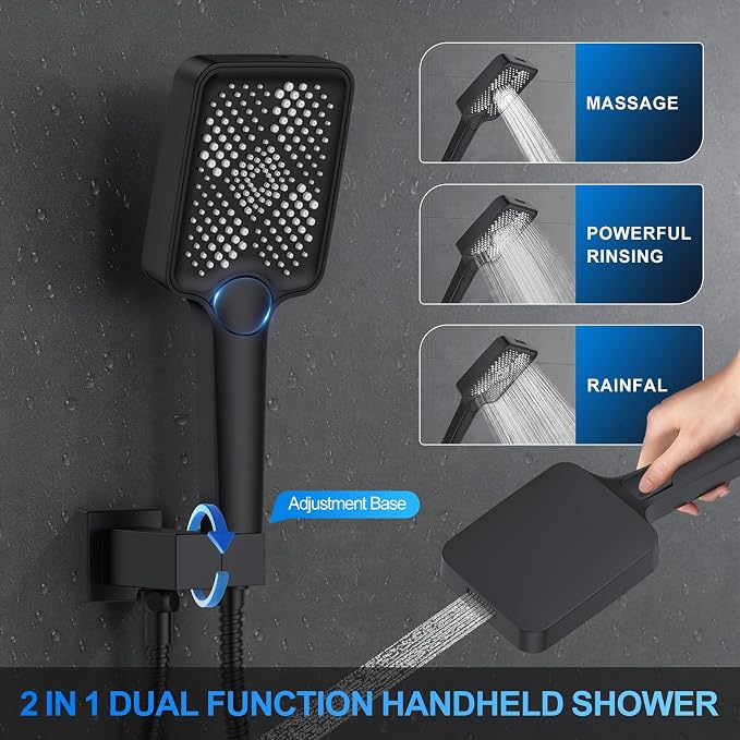 Woindo Shower Faucet Set, 12" Wall Mount Rainfall Shower System with 2 Rain Shower Head and Multi-function Handheld Head Push Button Diverter Shower Faucet Trim Kit