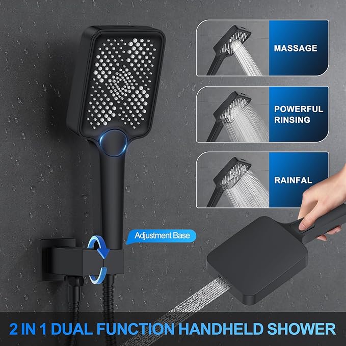 Shower Faucet Set, 12" Ceiling Mount Rainfall Shower System with 12'' Top Head+6'' Side Head and Multi-function Handheld Head Push Button Diverter Shower Faucet Trim Kit (12", Matte Black)