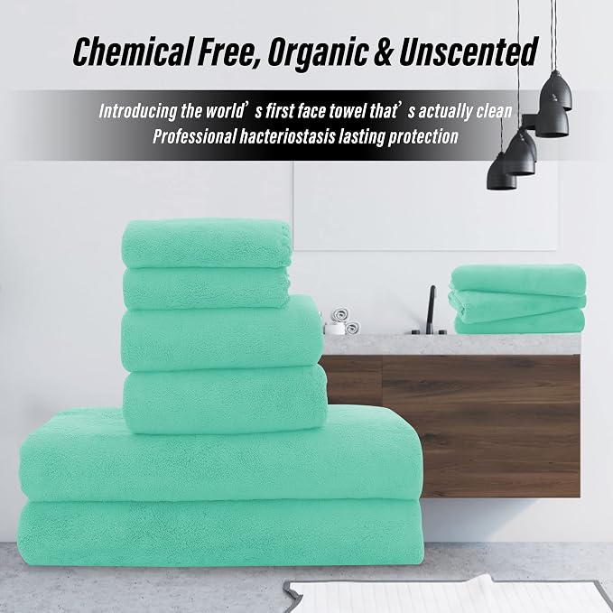 MOONQUEEN Ultra Soft Microfiber Coral Velvet Towel Set - Quick Drying, 2 Bath Towels, 2 Hand Towels, 2 Washcloths - Aqua Green, 6 Pcs