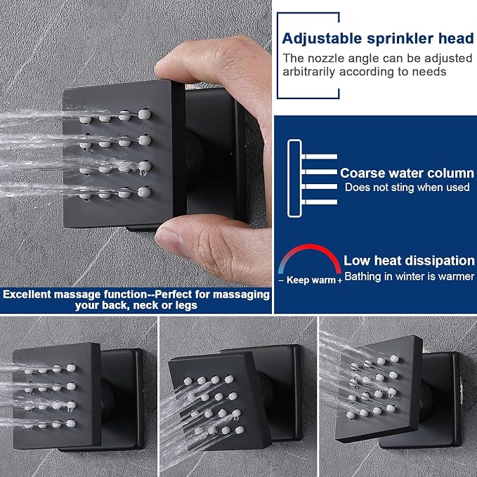 Black Thermostatic Shower System with 14x20 Inch Ceiling Mount LED Head & 6 Inch Wall Head and Handheld Shower 4 Function Vale with body jets, Matte Black