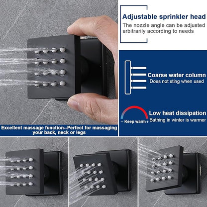 Black Thermostatic Shower System with 14x20 Inch Ceiling Mount LED Head & 6 Inch Wall Head and Handheld Shower 4 Function Vale with body jets, Matte Black