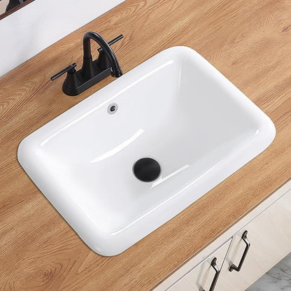 Bathroom Vessel Sink 21 Inch Drop In Bathroom Sink Rectangular Semi Recessed Sinks with Overflow White Ceramic Small Vanity Sinks for Bathrooms