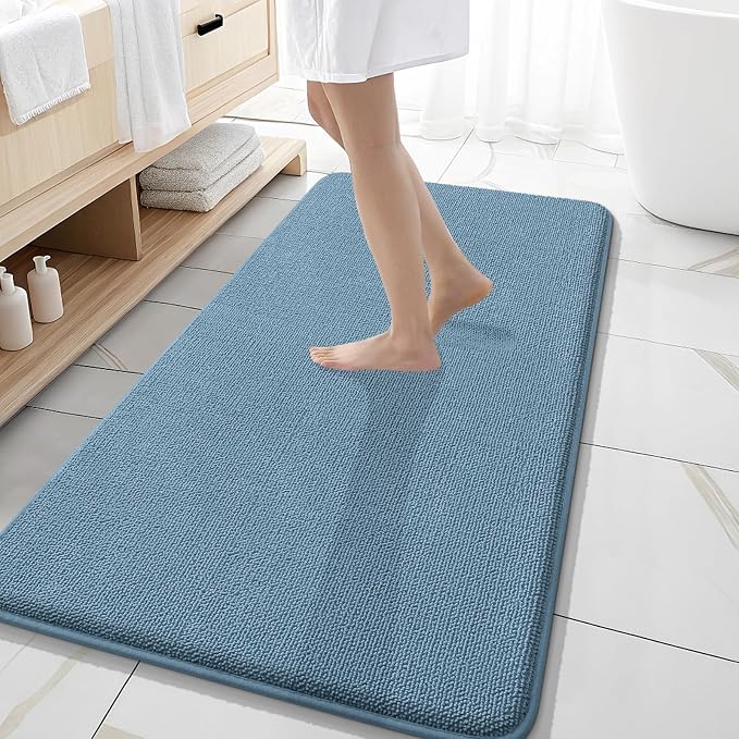 OLANLY Memory Foam Bathroom Runner Rug 47x20, Absorbent Long Mat, Airy Blue | Soft Quick Dry Bath Rugs, Non-Slip Carpet, Machine Washable Mat for Bathroom Floor, Tub and Shower, Home Decor Accessories