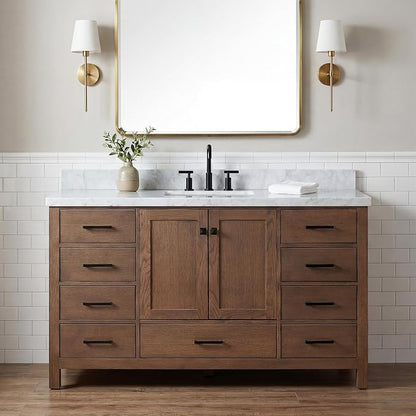 Beckford 60-Inch Brown Oak Single Bathroom Vanity with Sink, 1.5-Inch Edge Italian Carrara Marble Countertop & 4" Backsplash, Soft-Closing Doors & Drawers, Solid Oak Wood Construction