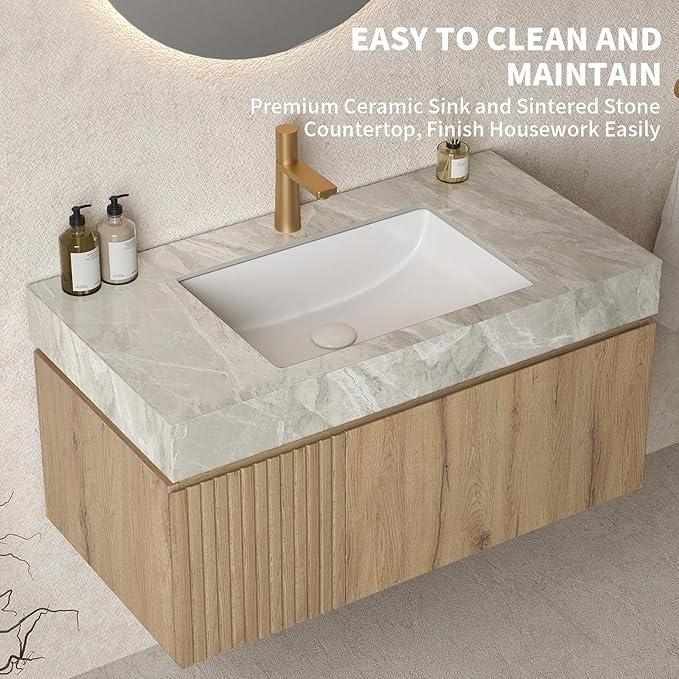 LKTART Floating 36 Inch Bathroom Vanity with Sink, Modern Plywood Wall Mounted Bathroom Storage Cabinet with 1 Door and 1 Drawer, Roma Travertine-Pattern Sintered Stone Countertop and Ceramic Basin