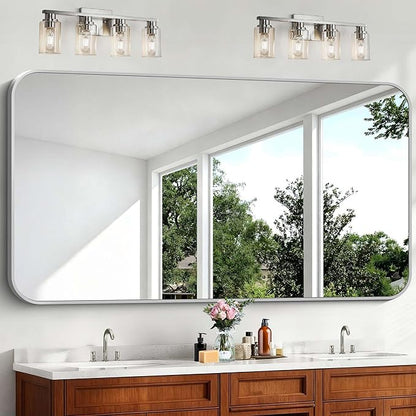 Silver Bathroom Mirror, 72 x 36 Inch Large Rectangle Mirror, Rectangular Vanity Mirror Aluminum Metal Frame, Rounded Corner Wall Mirror for Living Room Bedroom Entryway Horizontal/Vertical
