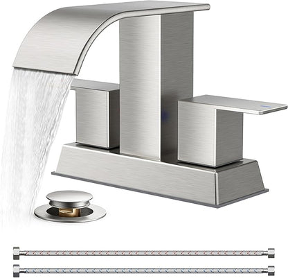 FORIOUS 4 Inch Centerset Brushed Nickel Bathroom Faucet, 2 or 3 Hole Waterfall Square Bathroom Sink Faucet with Metal Pop-up Drain and Supply Lines, Two Handles for Vanity, Lavatory Room, Pedestal