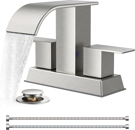 FORIOUS 4 Inch Centerset Brushed Nickel Bathroom Faucet, 2 or 3 Hole Waterfall Square Bathroom Sink Faucet with Metal Pop-up Drain and Supply Lines, Two Handles for Vanity, Lavatory Room, Pedestal